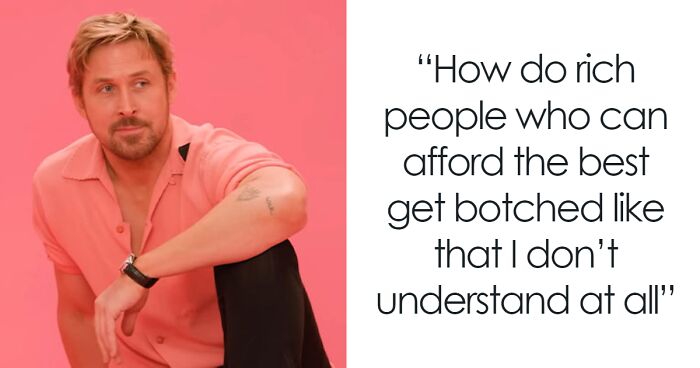 Ryan Gosling in a pink shirt seated against a pink backdrop, next to text about botched cosmetic injectors.