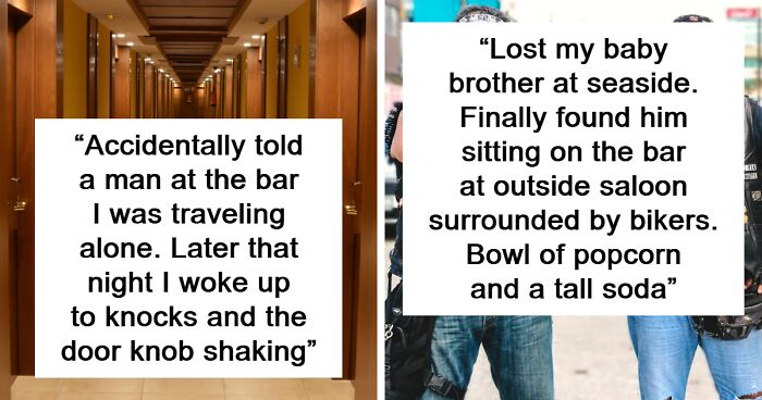Two scary vacation stories shared by travelers involving unexpected night disturbances and lost family member at a seaside bar.
