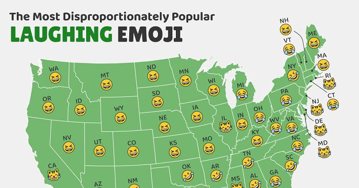 Map of the United States showing the most popular laughing emojis by state from Bored Pandau2019s happiest countries and states online infographic.