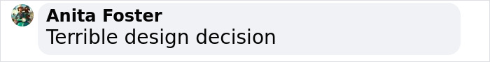 Anita Foster comments on a design decision, calling it "Terrible" in black text on a white background. Anita Foster comments on a design decision, calling it "Terrible" in black text on a white background.