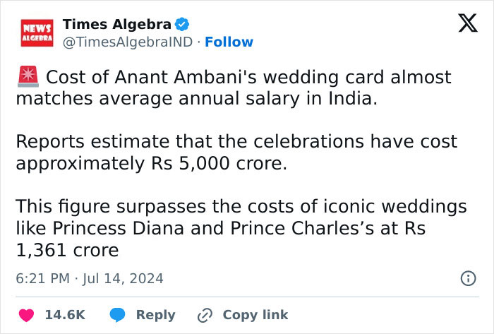 Billionaire’s Lavish Wedding Sparks Outrage As Invitations Cost More Than Average Salary Billionaire’s Lavish Wedding Sparks Outrage As Invitations Cost More Than Average Salary