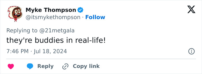 Tweet by Myke Thompson saying "they're buddies in real-life!" in reference to Stranger Things stars. Tweet by Myke Thompson saying "they're buddies in real-life!" in reference to Stranger Things stars.