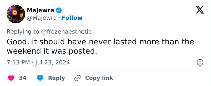 Tweet by Majewra expressing opinion about something that should have lasted only for a weekend. Tweet by Majewra expressing opinion about something that should have lasted only for a weekend.