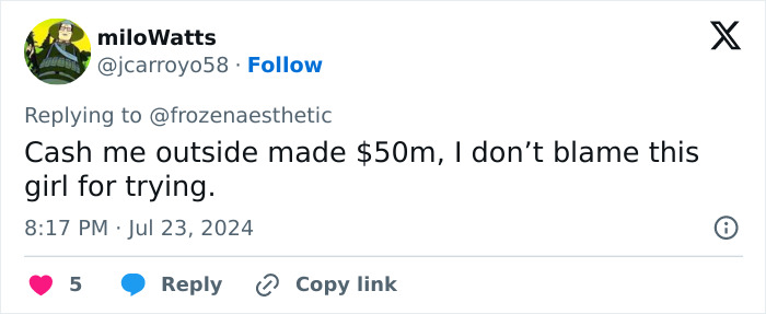 Tweet by miloWatts commenting on Hailey Welch's "Hawk Tuah Girl" concert appearance, referencing a viral internet phrase. Tweet by miloWatts commenting on Hailey Welch's "Hawk Tuah Girl" concert appearance, referencing a viral internet phrase.