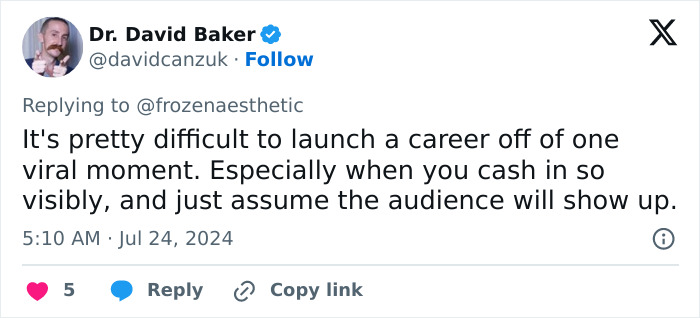 Dr. David Baker's tweet about viral moments and career challenges with a verified badge and engagement metrics. Dr. David Baker's tweet about viral moments and career challenges with a verified badge and engagement metrics.