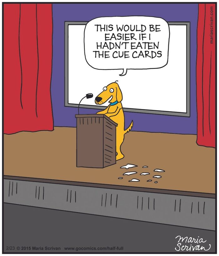 Comic featuring a funny dog character on stage in a hilarious scene with absurd situation and broken cue cards.