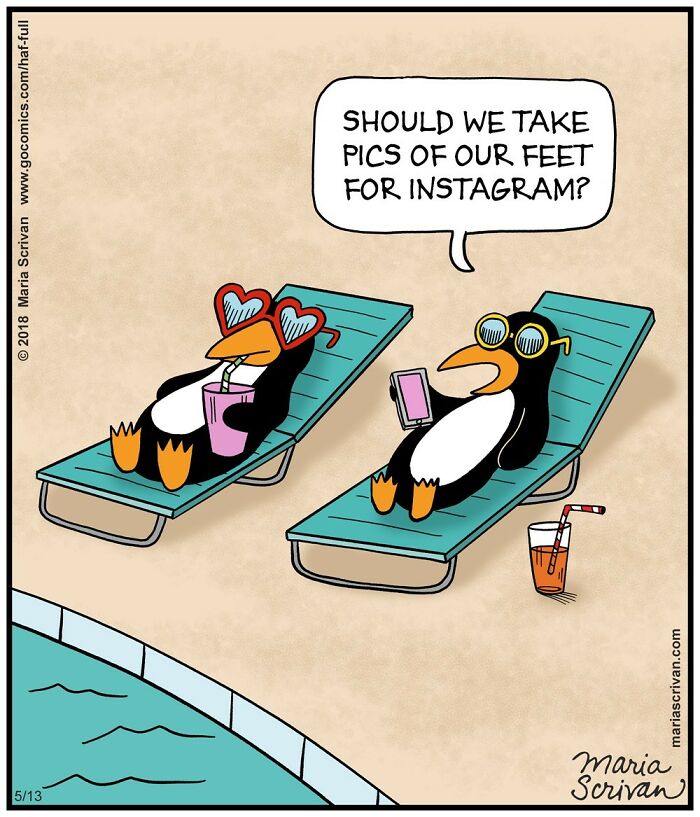 Two funny characters lounging by pool in a comic strip, discussing taking pics of their feet for Instagram.