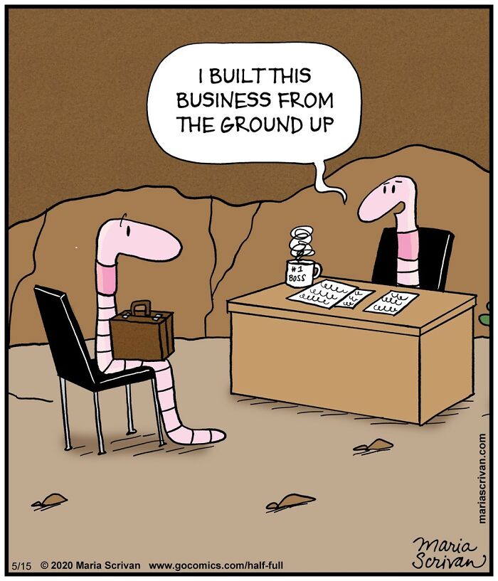 Cartoon featuring funny characters with absurd situations where worms hold a business meeting in a cave office.