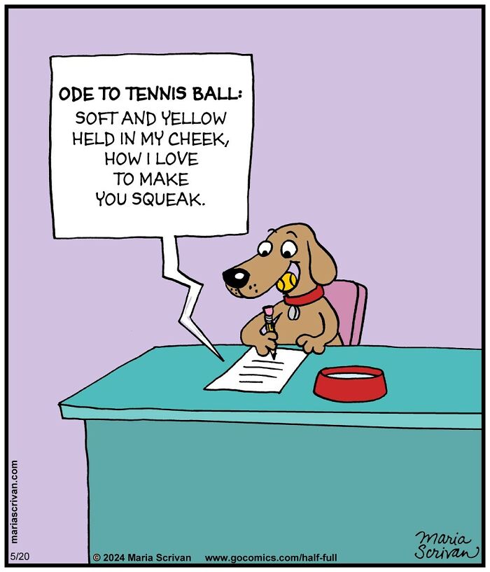 Cartoon dog writing a funny comic poem about a tennis ball, showcasing hilarious characters and absurd situations.