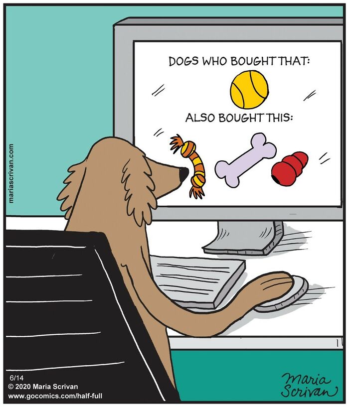 Dog cartoon browsing computer showing funny characters and absurd situations in a hilarious comic illustration.