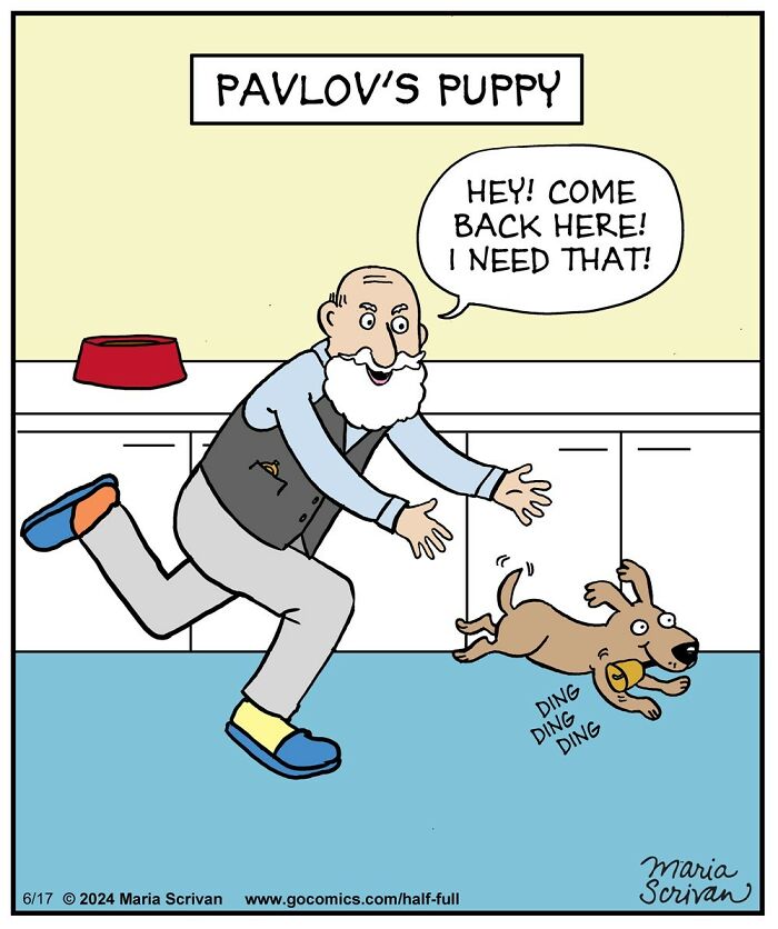 Cartoon of a man chasing a dog with a bell collar in a hilarious comic featuring funny characters and absurd situations.