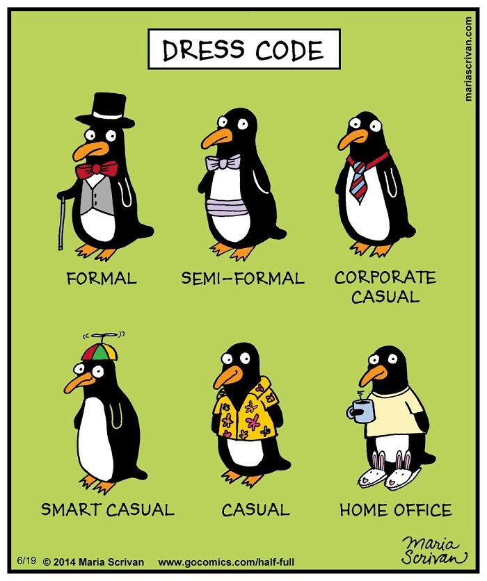 Cartoon penguins in various outfits showing dress code humor with funny characters in absurd situations comic style.
