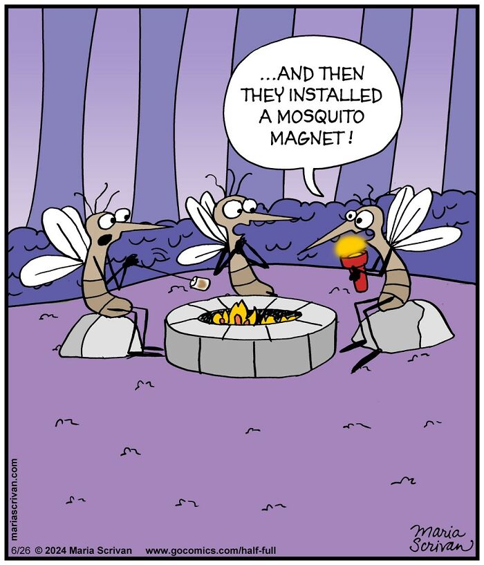 Funny characters in a hilarious comic sitting around a campfire with one holding a glowing mosquito magnet in absurd situation.