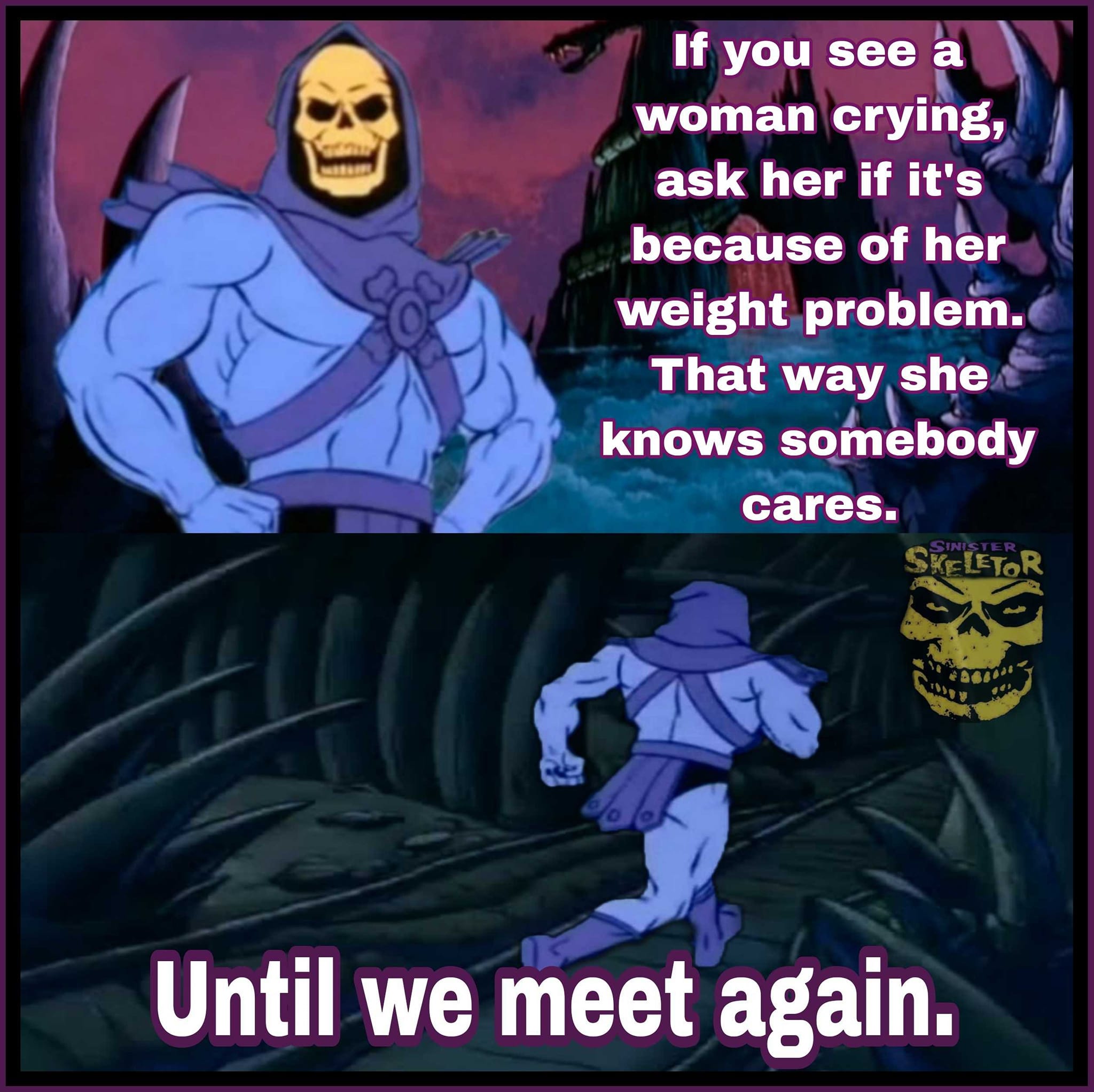 A Skeletor meme featuring two panels. The top panel shows Skeletor with text saying, "If you see a woman crying, ask her if it's because of her weight problem. That way she knows somebody cares." The bottom panel shows Skeletor running away with the text, "Until we meet again." A Skeletor meme featuring two panels. The top panel shows Skeletor with text saying, "If you see a woman crying, ask her if it's because of her weight problem. That way she knows somebody cares." The bottom panel shows Skeletor running away with the text, "Until we meet again."