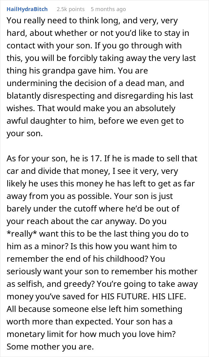 Mom Forces Son To Sell A Car He Inherited From Grandpa To Share With Family, Gets A Reality Check Mom Forces Son To Sell A Car He Inherited From Grandpa To Share With Family, Gets A Reality Check