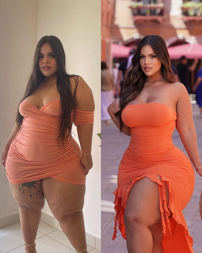 Transformation of Gracie Bon in an orange dress, before and after photos showcasing body transformation journey. Transformation of Gracie Bon in an orange dress, before and after photos showcasing body transformation journey.
