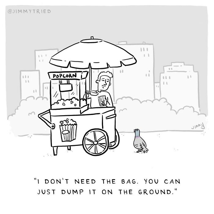One-panel comic by Jimmy Craig showing a popcorn vendor and a pigeon with dark humor in a city setting.