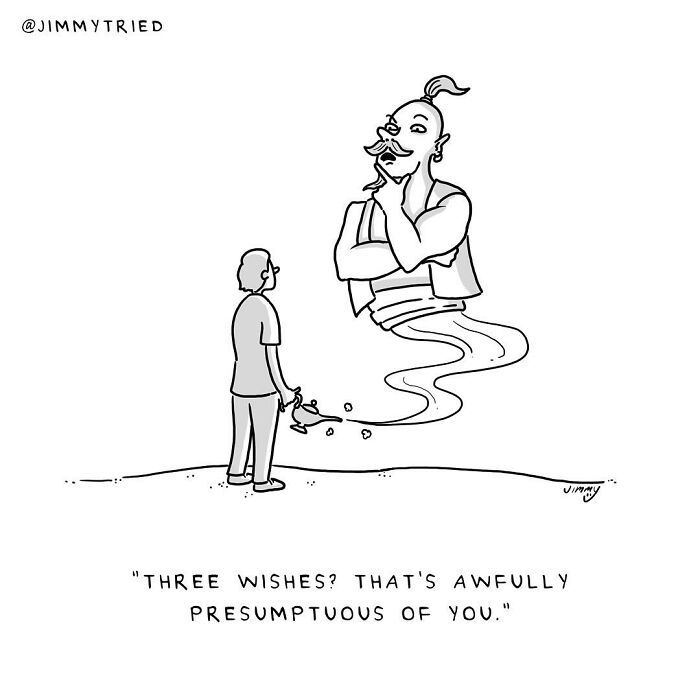 One-panel comic by Jimmy Craig shows a man with a magic lamp speaking to a genie mixing humor and darkness.