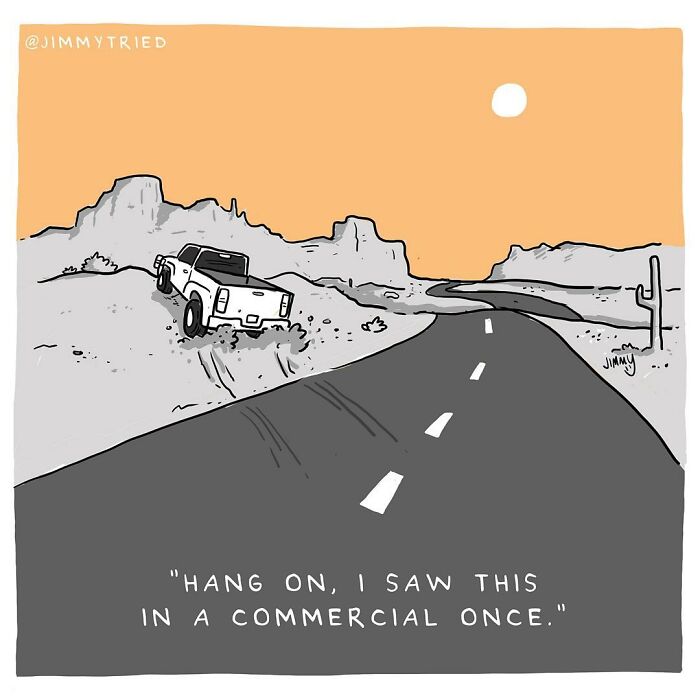 One-panel comic by Jimmy Craig showing a truck off-road with humor and darkness in a desert landscape.