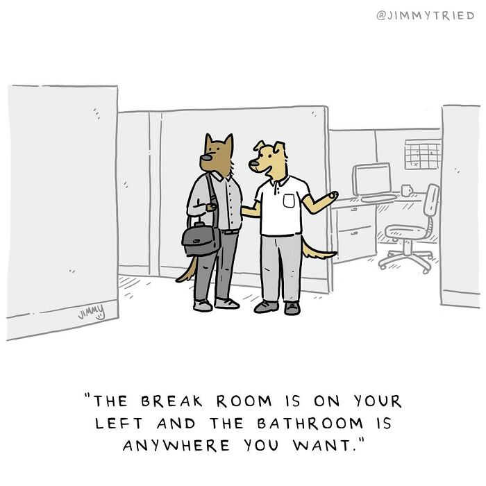 One-panel comic by Jimmy Craig featuring anthropomorphic dogs in an office blending humor and dark themes.