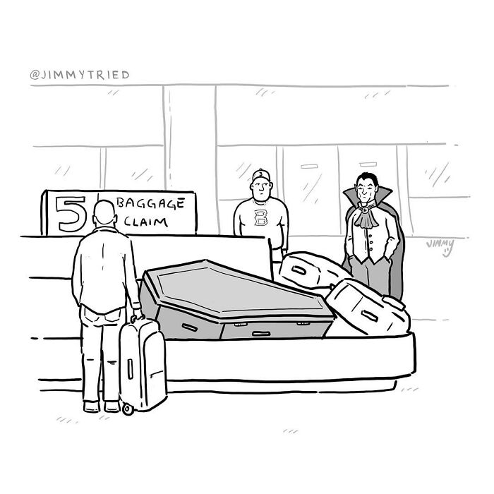 One-panel comic by Jimmy Craig showing a vampire and a coffin at airport baggage claim with humor and darkness.