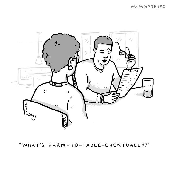 One-panel comic by Jimmy Craig showing two people at a table with humor blending dark themes and daily life.