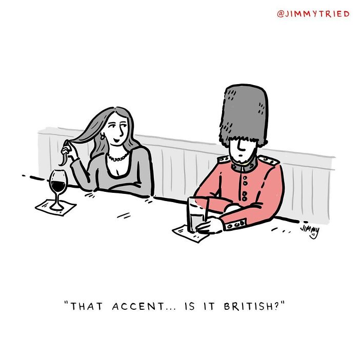 One-panel comic by Jimmy Craig showing a British guard and woman at a bar mixing humor and darkness.