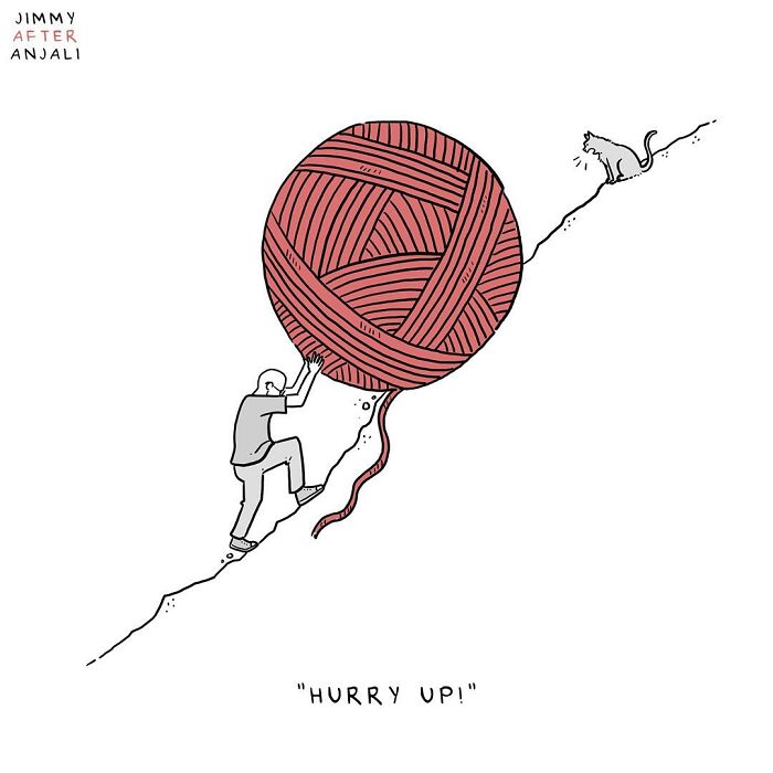Man pushing giant ball of yarn uphill while cat watches in a one-panel comic blending humor and darkness by Jimmy Craig