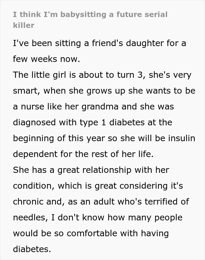 Babysitter Taken Aback When Kid They’re Sitting Says They’re Obsessed With Blood And Needles Babysitter Taken Aback When Kid They’re Sitting Says They’re Obsessed With Blood And Needles