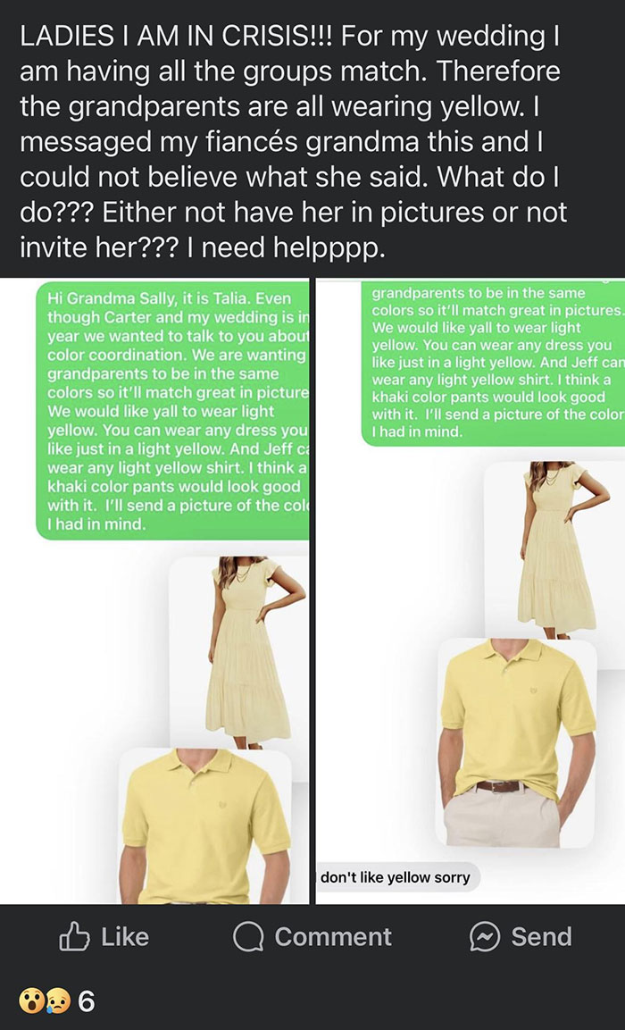 “Don’t Like Yellow, Sorry”: Grandma Pushes Bridezilla Past Her Limit By Refusing Dress Code “Don’t Like Yellow, Sorry”: Grandma Pushes Bridezilla Past Her Limit By Refusing Dress Code