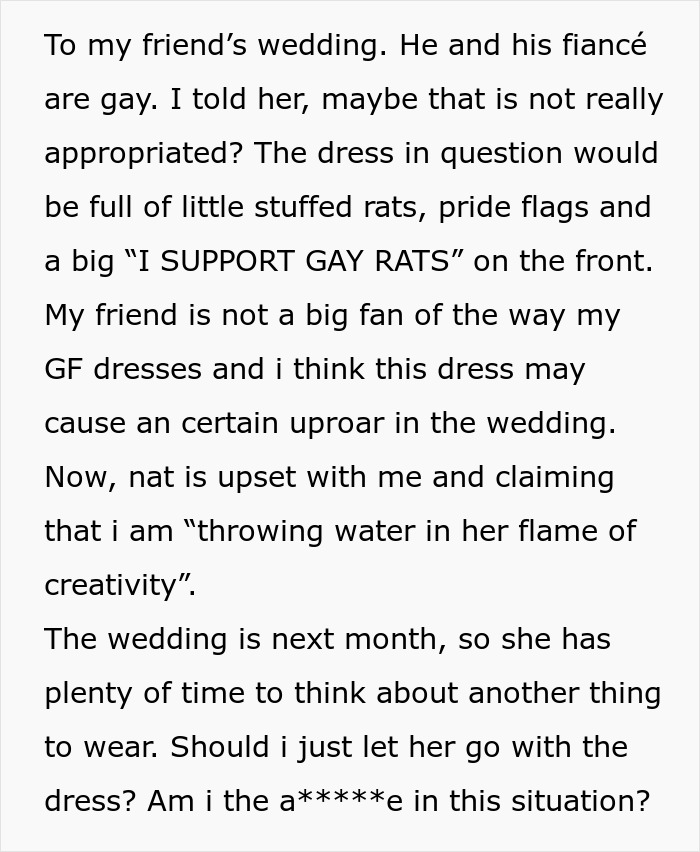 Woman Won't Change Her Mind About Wearing "I Support Gay Rats" Dress To Wedding, Ends Up Single Woman Won't Change Her Mind About Wearing "I Support Gay Rats" Dress To Wedding, Ends Up Single
