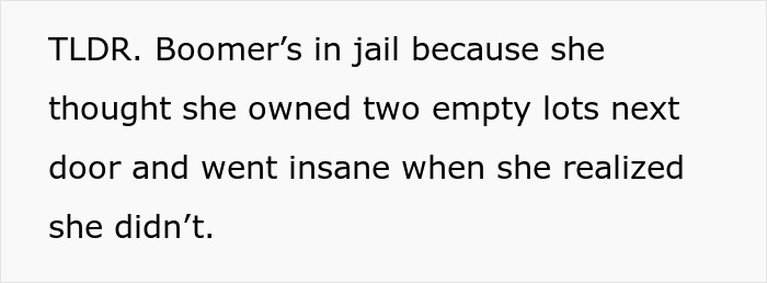 Delusional Entitled Lady Thinks She Owns 2 Lots Next Door, Turns Into A Felon After They Are Bought Delusional Entitled Lady Thinks She Owns 2 Lots Next Door, Turns Into A Felon After They Are Bought