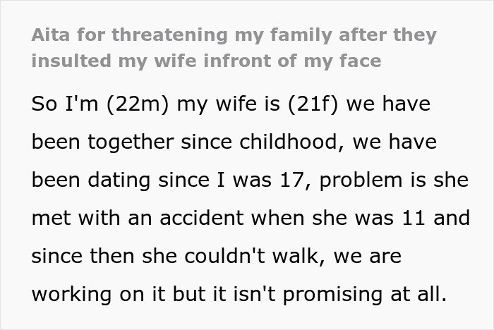 “I Thought It Was A Joke”: Guy Can’t Believe His Family Would Insult Disabled Wife Sleeping Upstairs “I Thought It Was A Joke”: Guy Can’t Believe His Family Would Insult Disabled Wife Sleeping Upstairs