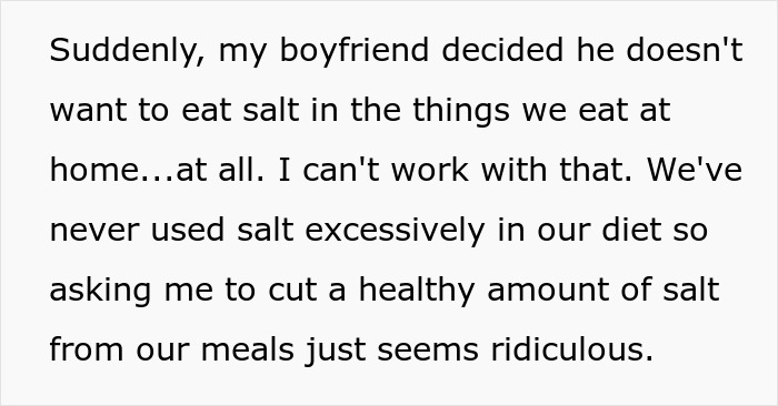 Woman Refuses To Cut Salt From Meals Completely Because Of BF’s Blood Pressure, He Turns “Salty” Woman Refuses To Cut Salt From Meals Completely Because Of BF’s Blood Pressure, He Turns “Salty”