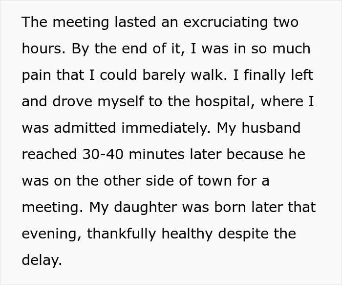 Woman Reports Boss To HR After He Forces Her To Go To Meeting During Labor, Coworkers Hate Her Woman Reports Boss To HR After He Forces Her To Go To Meeting During Labor, Coworkers Hate Her