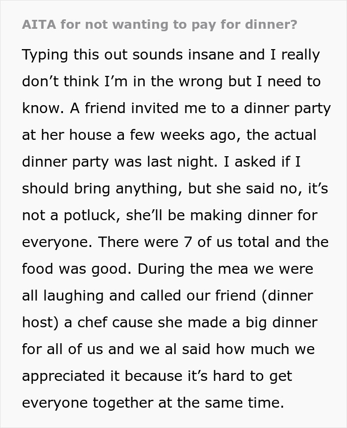 Unexpected Dinner Party Charge Leaves Guests Outraged: “I Didn’t Do This For Free” Unexpected Dinner Party Charge Leaves Guests Outraged: “I Didn’t Do This For Free”