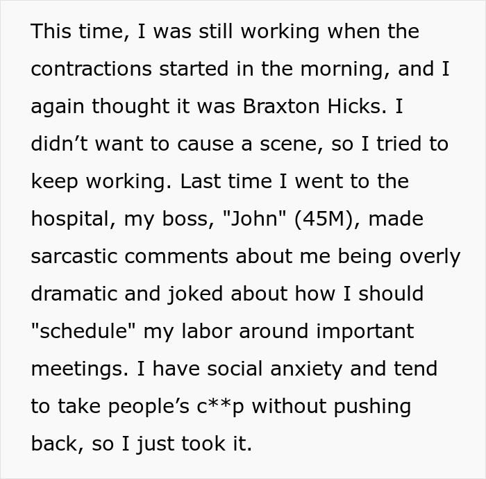 Woman Reports Boss To HR After He Forces Her To Go To Meeting During Labor, Coworkers Hate Her Woman Reports Boss To HR After He Forces Her To Go To Meeting During Labor, Coworkers Hate Her