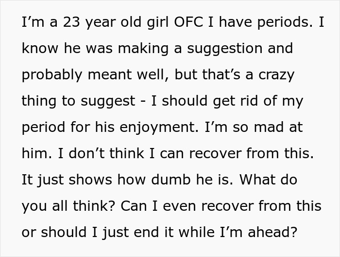 “Good Luck Finding A Girl Who Doesn’t Have A Period”: Woman Dumps BF Over Dumb Stance On Periods “Good Luck Finding A Girl Who Doesn’t Have A Period”: Woman Dumps BF Over Dumb Stance On Periods