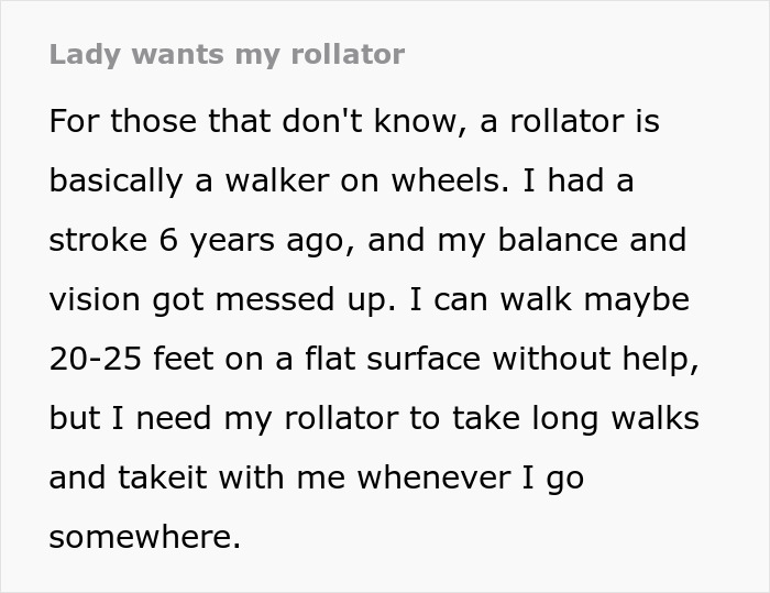 Lady Tries To Grab Man’s Rollator Wanting To Use It For Herself, Follows Him To His Car Lady Tries To Grab Man’s Rollator Wanting To Use It For Herself, Follows Him To His Car