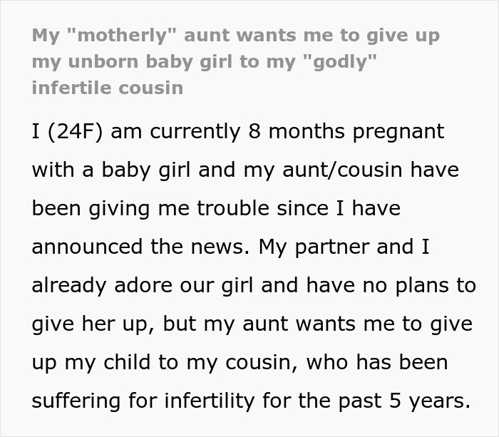 Pregnant Woman Faces Family Pressure To Give Up Her Baby To Her Infertile ‘Godly’ Cousin Pregnant Woman Faces Family Pressure To Give Up Her Baby To Her Infertile ‘Godly’ Cousin
