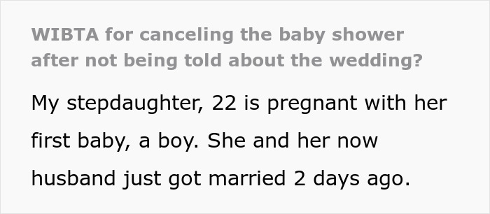 Mom-To-Be Doesn't See A Big Deal In Not Inviting Dad To Wedding, Stepmom Cancels Baby Shower Mom-To-Be Doesn't See A Big Deal In Not Inviting Dad To Wedding, Stepmom Cancels Baby Shower