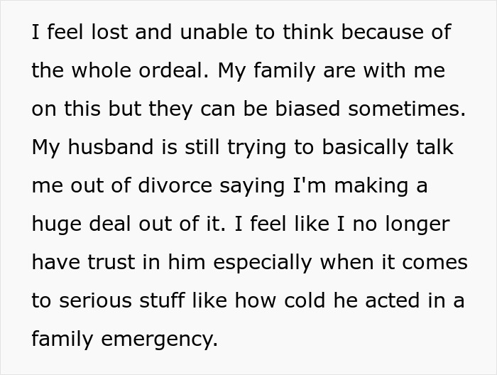 "AITA For Divorcing My Husband Because He Spent 10 Minutes In The Car During A Family Emergency?" "AITA For Divorcing My Husband Because He Spent 10 Minutes In The Car During A Family Emergency?"
