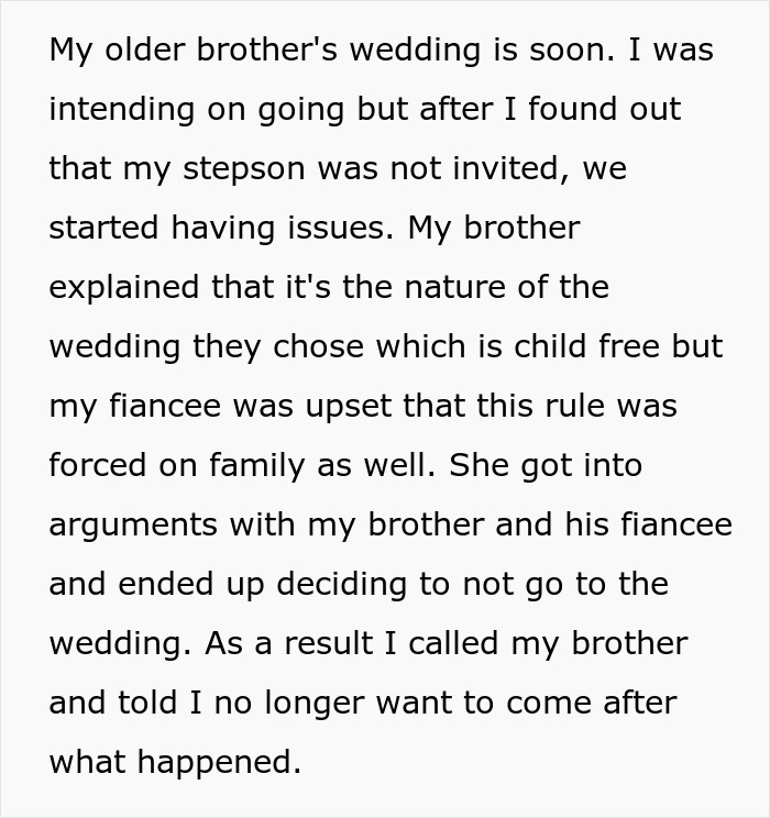 Guy Decides To Skip Only Brother’s Wedding As His Fiancée’s Kid Is Not Invited, Upsets Family Guy Decides To Skip Only Brother’s Wedding As His Fiancée’s Kid Is Not Invited, Upsets Family