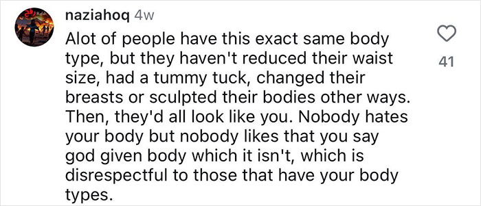 Comment discussing Gracie Bon body transformation and perceptions of body types on social media. Comment discussing Gracie Bon body transformation and perceptions of body types on social media.