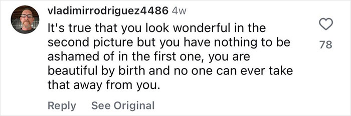 Instagram comment discussing Gracie Bon body transformation, emphasizing beauty and positivity. Instagram comment discussing Gracie Bon body transformation, emphasizing beauty and positivity.