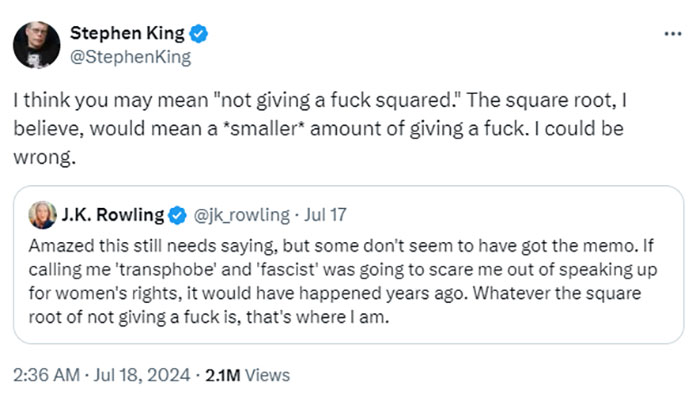 Stephen King Slams J.K. Rowling's Math In Heated Verbal Spat Stephen King Slams J.K. Rowling's Math In Heated Verbal Spat