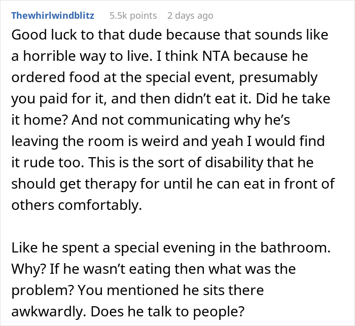 “AITA If I Asked My Daughter’s Deipnophobic Boyfriend Not To Come Over When We Are Eating?” “AITA If I Asked My Daughter’s Deipnophobic Boyfriend Not To Come Over When We Are Eating?”