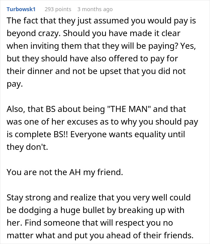 Man Dumps GF After She Expects Him To Foot $1,100 Bill Since He’s “The Man,” Starts To Regret It Man Dumps GF After She Expects Him To Foot $1,100 Bill Since He’s “The Man,” Starts To Regret It