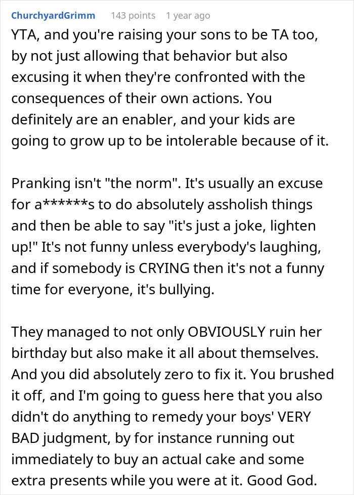 Mom Defends Her Sons’ Birthday Prank Directed At Her Stepdaughter, Folks Online Tear Her To Shreds Mom Defends Her Sons’ Birthday Prank Directed At Her Stepdaughter, Folks Online Tear Her To Shreds