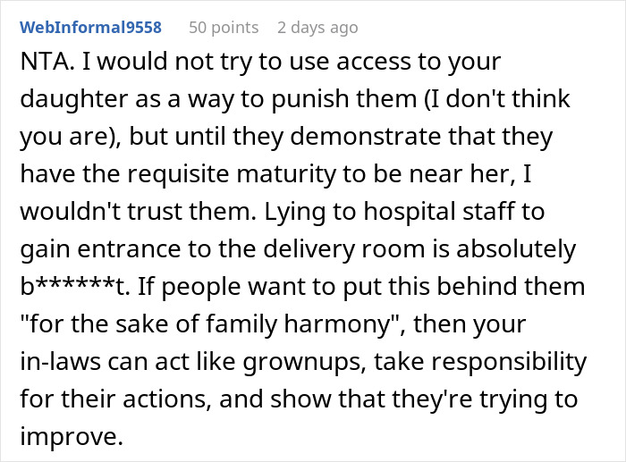 "AITA For Refusing To Let My In-Laws See My Daughter After What They Did During Her Birth?": Mom Shares Story "AITA For Refusing To Let My In-Laws See My Daughter After What They Did During Her Birth?": Mom Shares Story